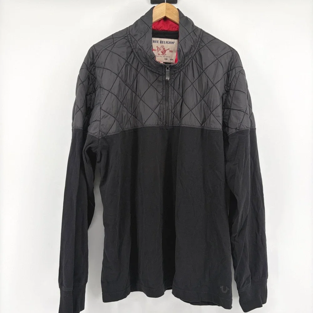 True Religion Mens Black Quilted Mixed Media Quarter Zip Pullover Sweatshirt 2XL